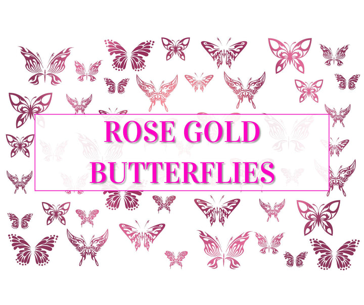 Nail Art Outline Decals - ROSE GOLD BUTTERFLIES (BLACK OVERLAY)