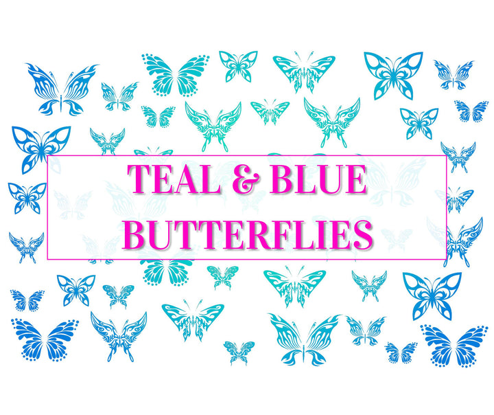 Nail Art Outline Decals - TEAL & BLUE BUTTERFLIES (BLACK OVERLAY)