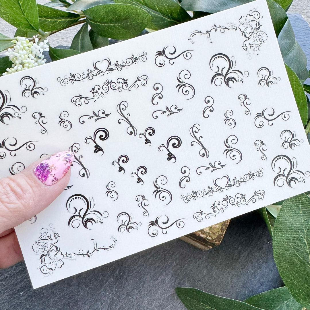 Nail Art Outline Decals - FLOURISHES (BLACK OVERLAY)