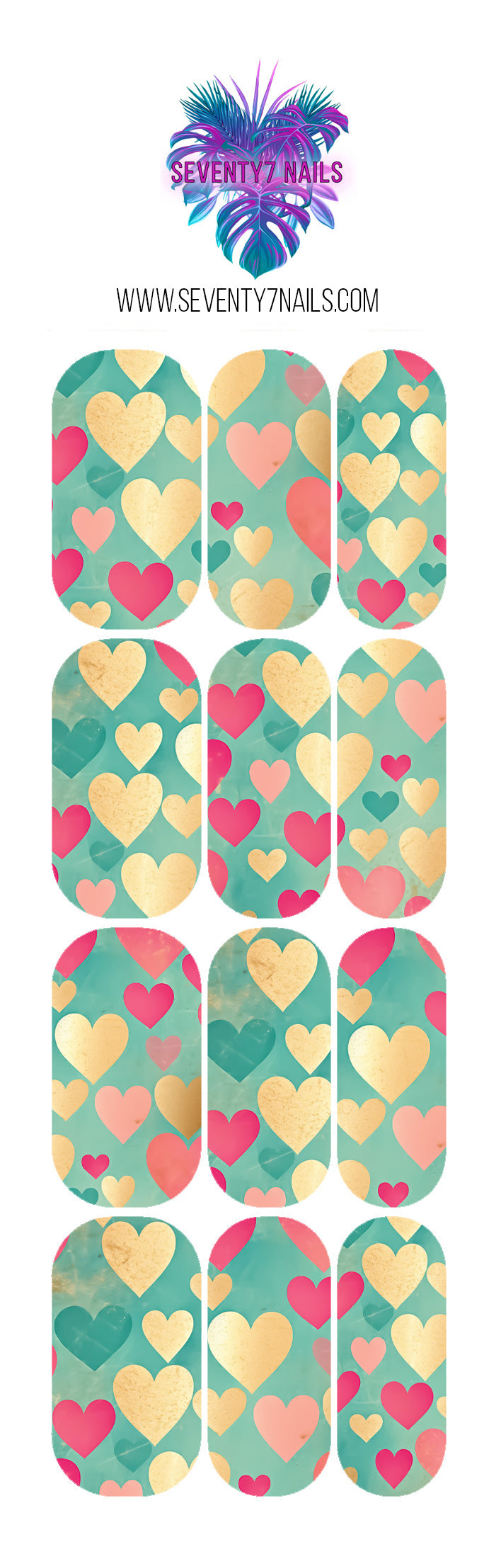 Waterslide Nail Decals - Teal Gold Hearts